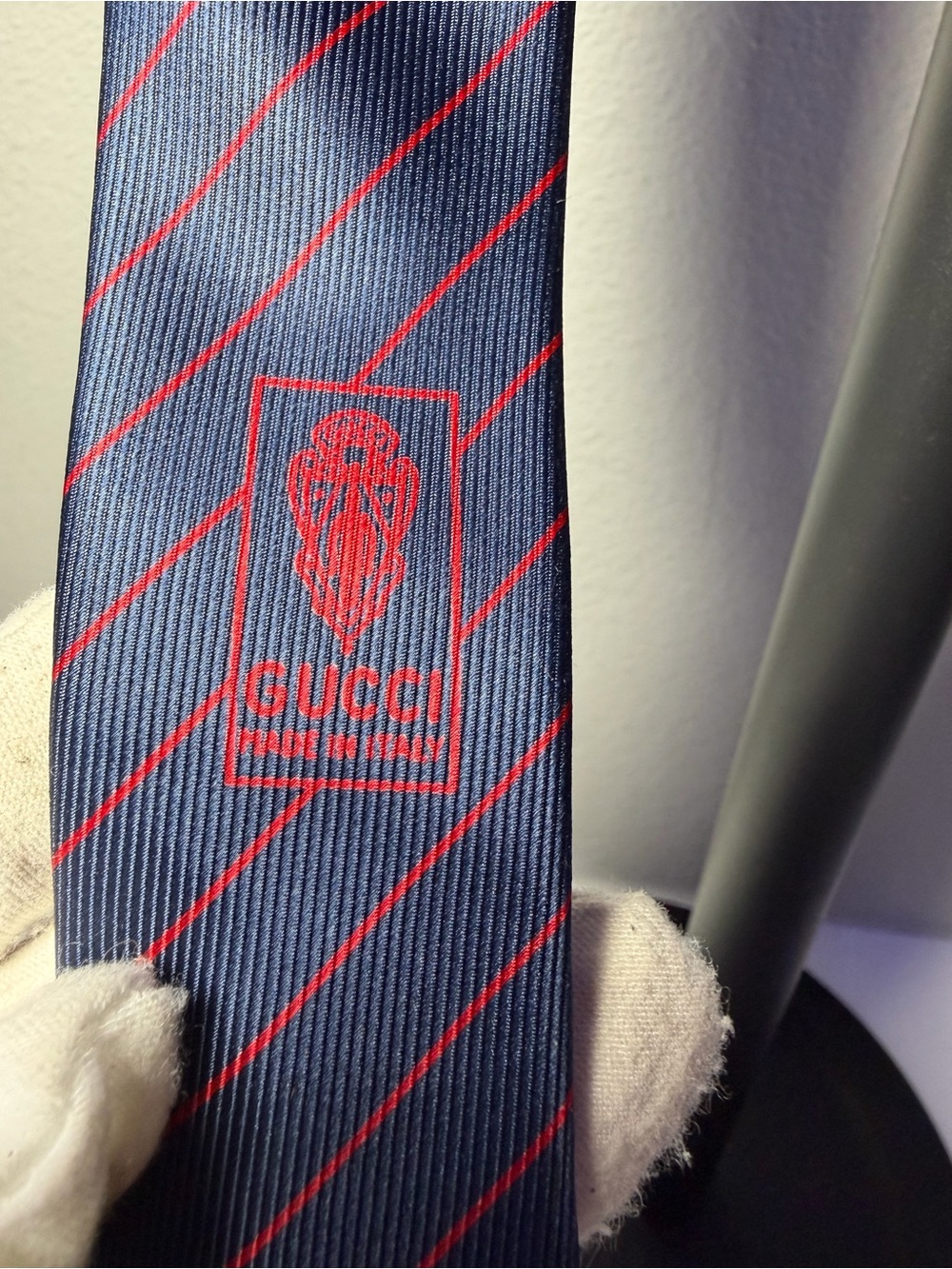 Gucci Navy Tie with Red Diagonal Stripe - Picture 8 of 12
